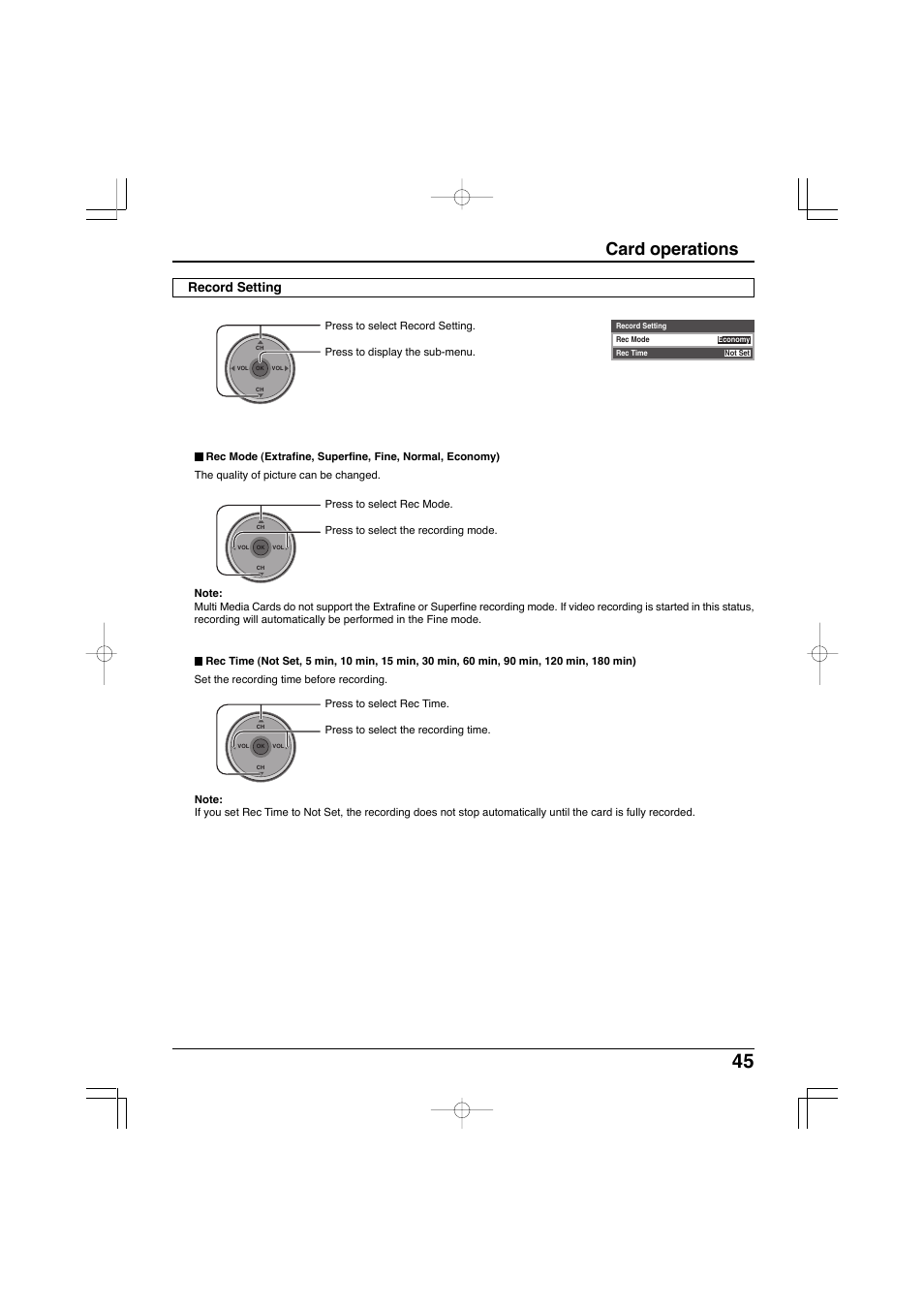 Card operations, Record setting | Panasonic TC-32LX300 User Manual | Page 45 / 132