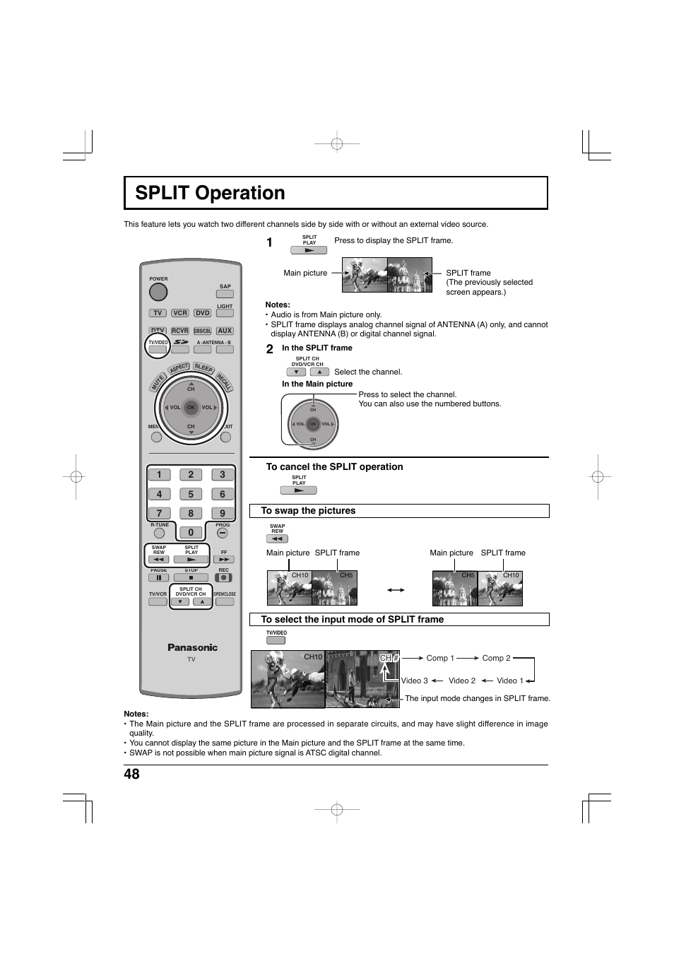 Split operation, To swap the pictures, To select the input mode of split frame | Panasonic TC-32LX300 User Manual | Page 48 / 132