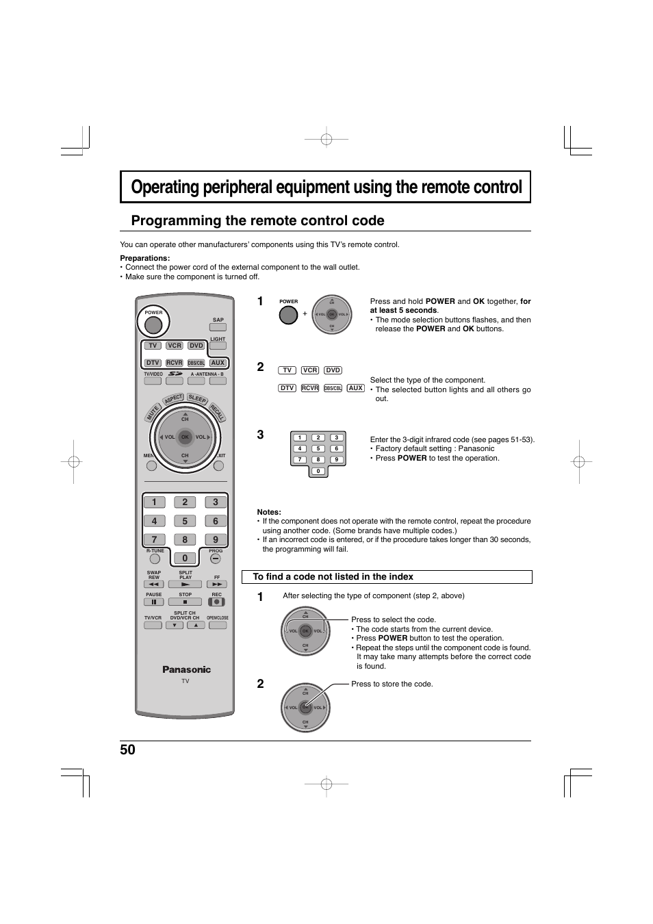 Programming the remote control code | Panasonic TC-32LX300 User Manual | Page 50 / 132