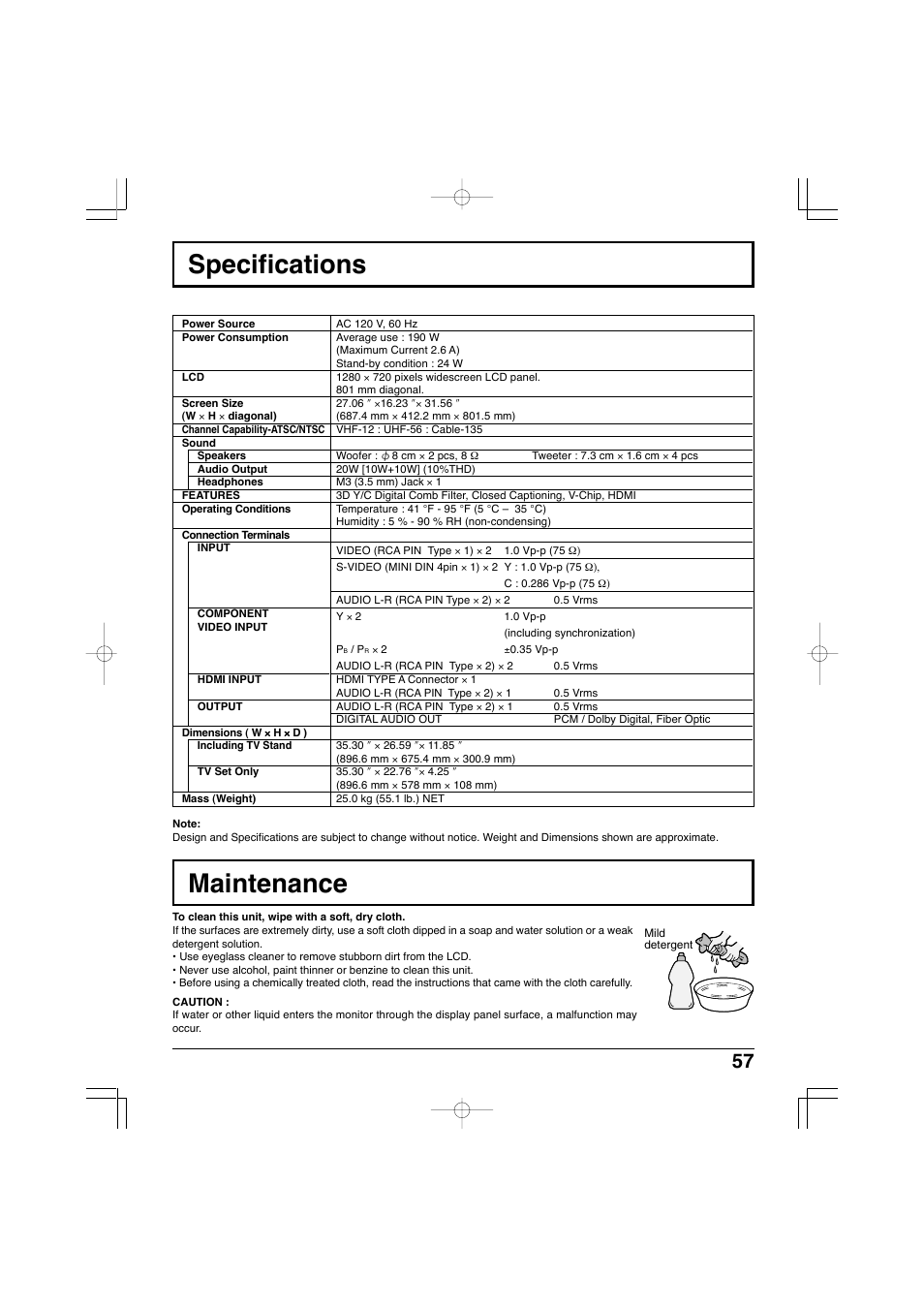 Specifications, Maintenance | Panasonic TC-32LX300 User Manual | Page 57 / 132