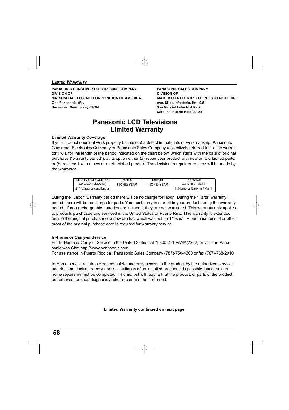 Limited warranty, Panasonic lcd televisions limited warranty | Panasonic TC-32LX300 User Manual | Page 58 / 132