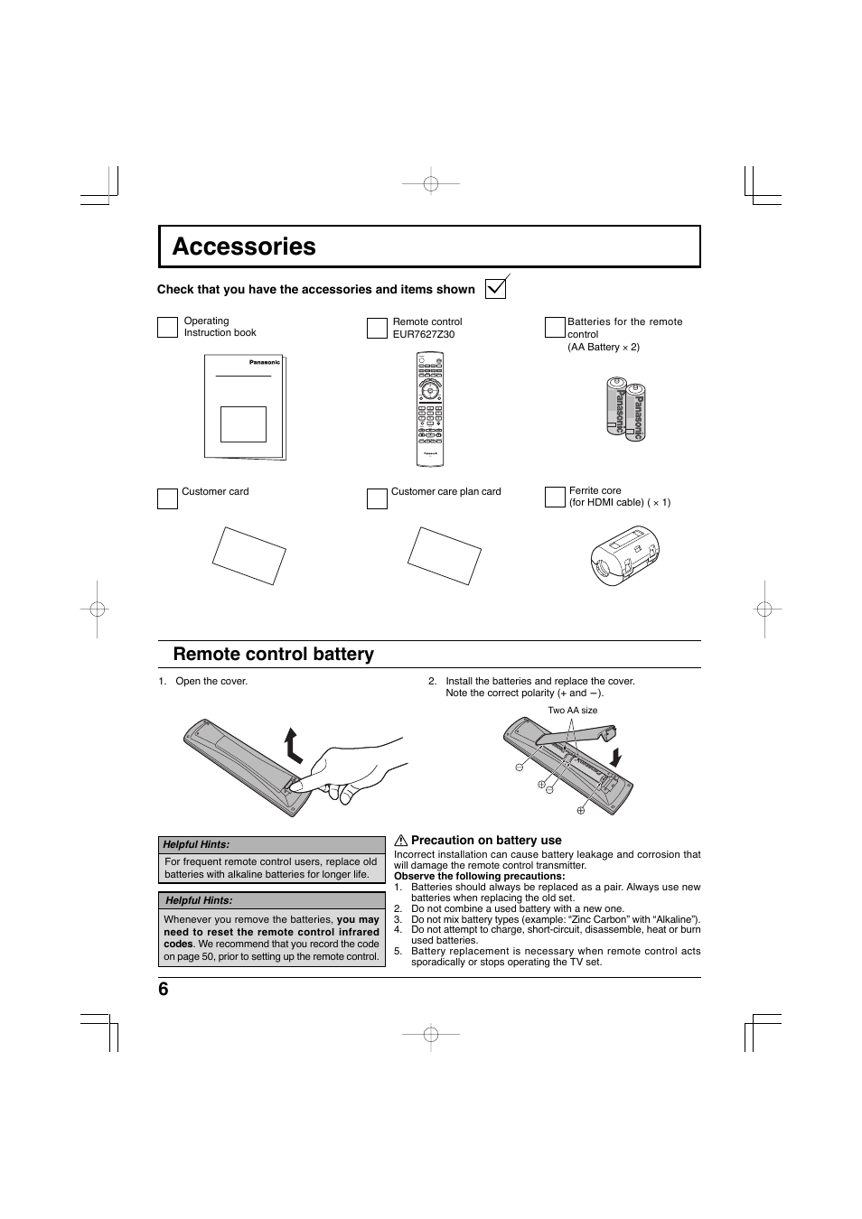 Accessories, Remote control battery | Panasonic TC-32LX300 User Manual | Page 6 / 132