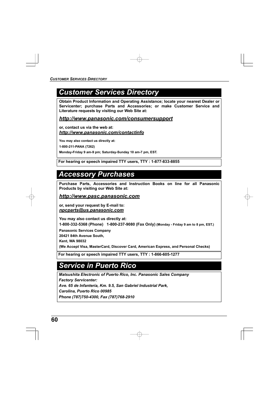 Customer services directory, Service in puerto rico, Accessory purchases | Panasonic TC-32LX300 User Manual | Page 60 / 132