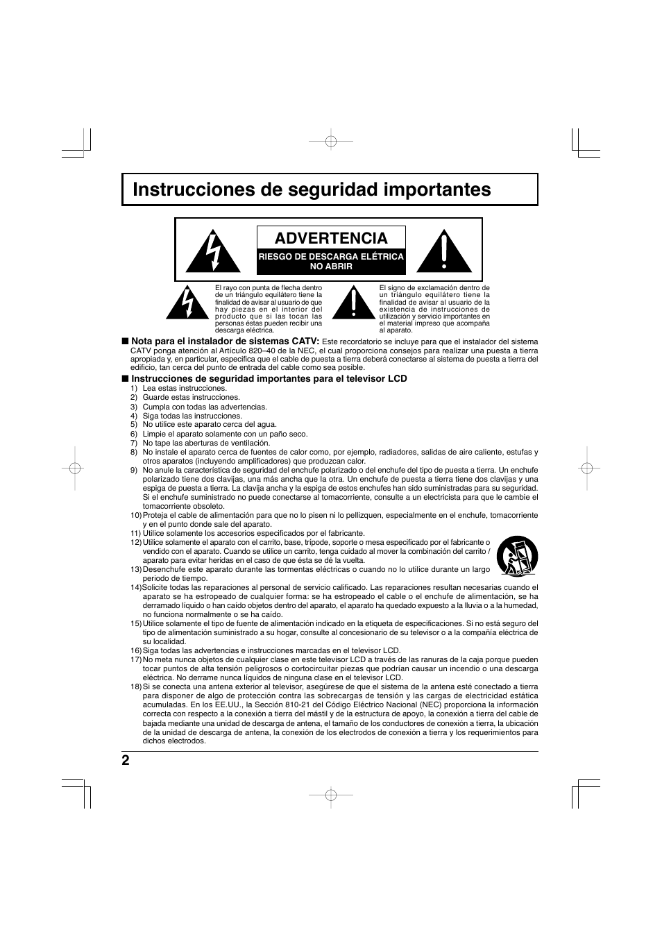 Instrucciones de seguridad importantes, Advertencia | Panasonic TC-32LX300 User Manual | Page 72 / 132