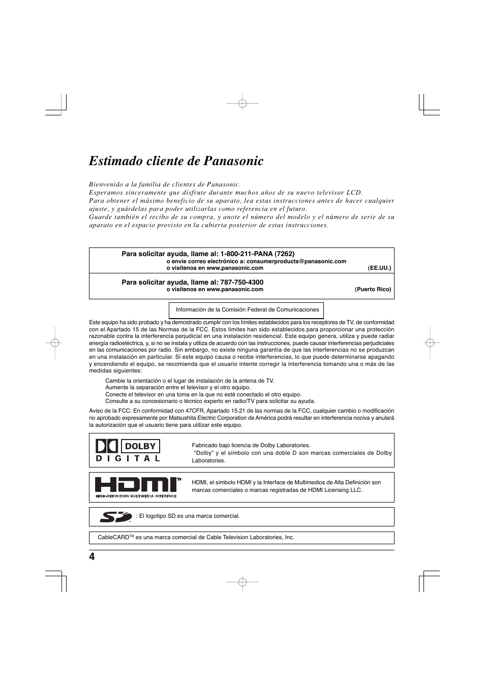 Estimado cliente de panasonic | Panasonic TC-32LX300 User Manual | Page 74 / 132