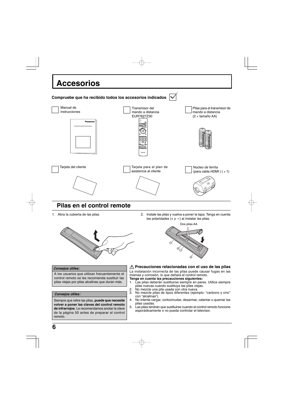 Accesorios, Pilas en el control remote | Panasonic TC-32LX300 User Manual | Page 76 / 132