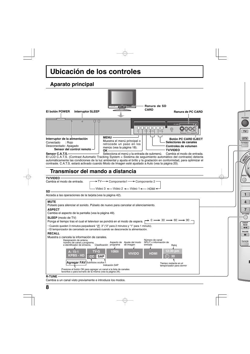 Ubicación de los controles, Transmisor del mando a distancia, Aparato principal | Panasonic TC-32LX300 User Manual | Page 78 / 132