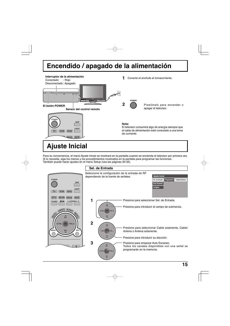 Ajuste inicial, Encendido / apagado de la alimentación | Panasonic TC-32LX300 User Manual | Page 85 / 132