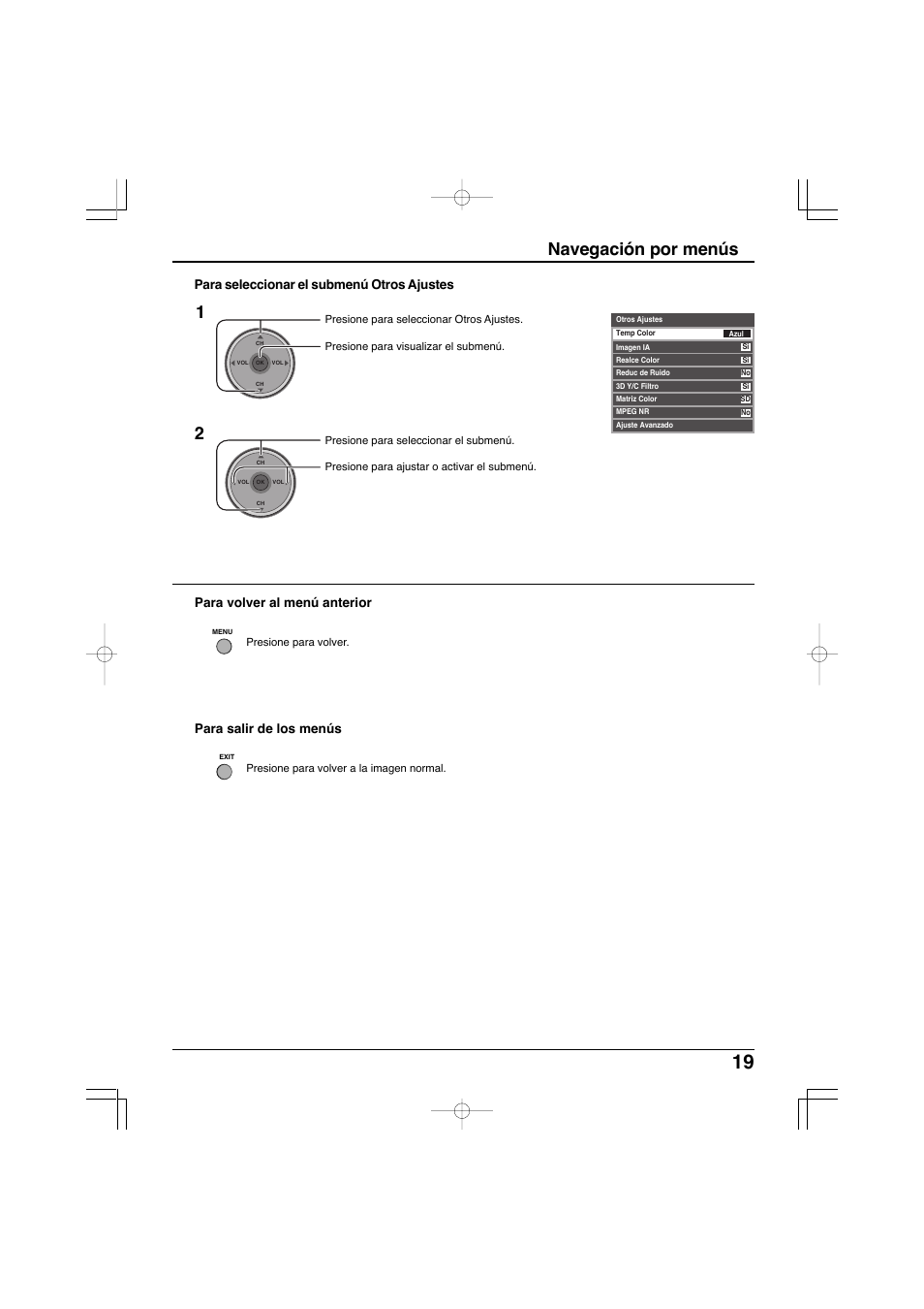 Navegación por menús 1 2, Para seleccionar el submenú otros ajustes, Para volver al menú anterior | Para salir de los menús | Panasonic TC-32LX300 User Manual | Page 89 / 132