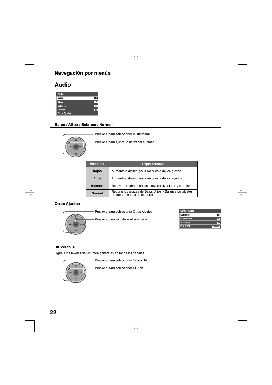 Audio, Navegación por menús, Bajos / altos / balance / normal otros ajustes | Panasonic TC-32LX300 User Manual | Page 92 / 132