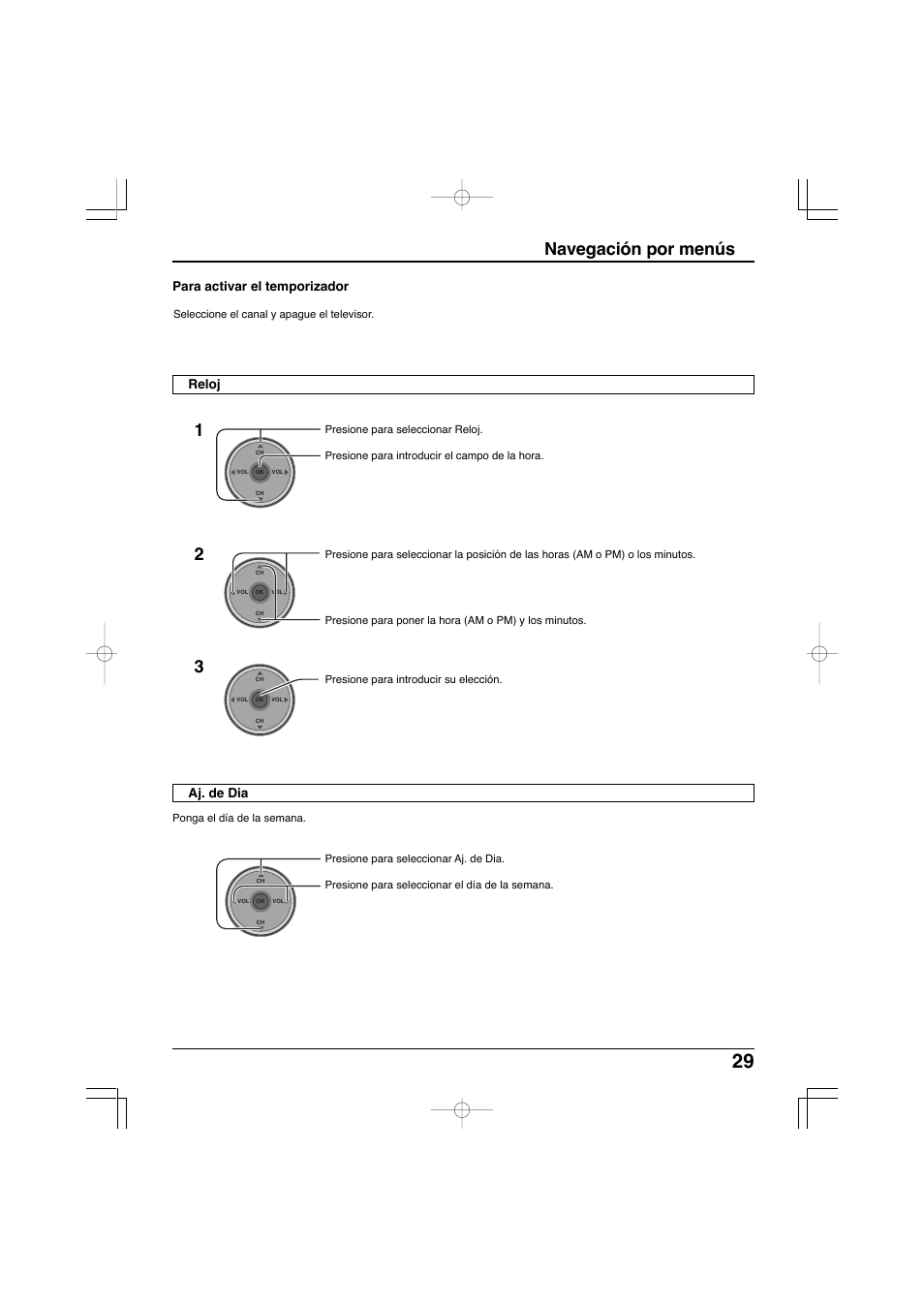 Navegación por menús, Para activar el temporizador, Aj. de dia reloj | Panasonic TC-32LX300 User Manual | Page 99 / 132