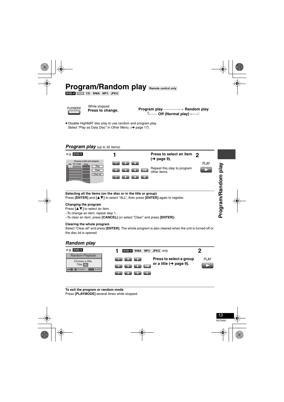 Program/random play, Pr o g ram/random pla y, Program play | Random play | Panasonic DVD-LS93 User Manual | Page 13 / 32