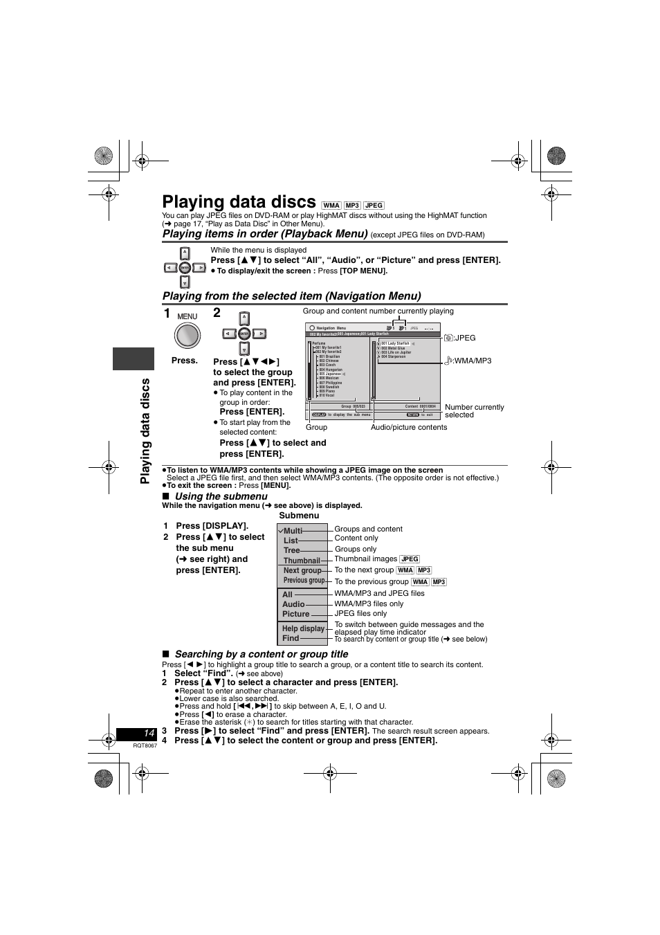 Playing data discs, Pl a y ing dat a di scs, Playing items in order (playback menu) | Playing from the selected item (navigation menu) | Panasonic DVD-LS93 User Manual | Page 14 / 32