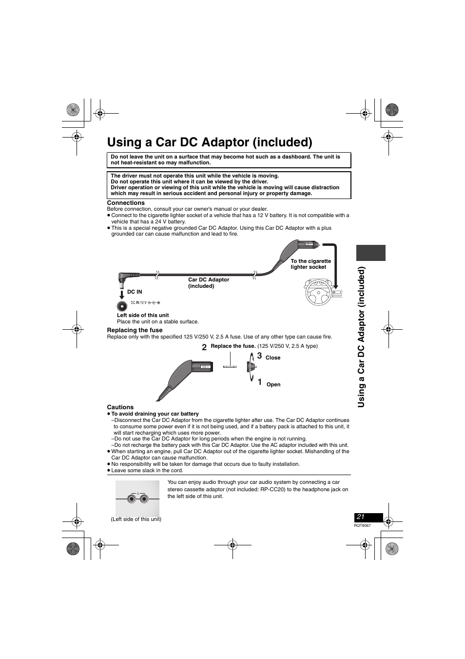 Using a car dc adaptor (included), Usi ng a car dc adapt or (i nc lude d) | Panasonic DVD-LS93 User Manual | Page 21 / 32