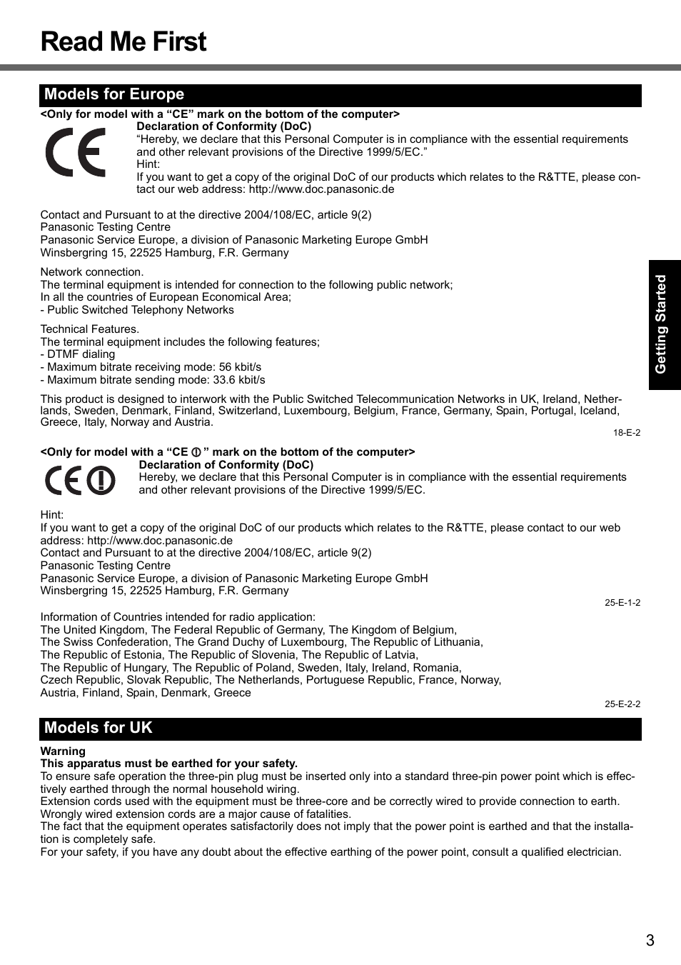 Read me first, Models for europe models for uk | Panasonic CF-T7 User Manual | Page 3 / 40