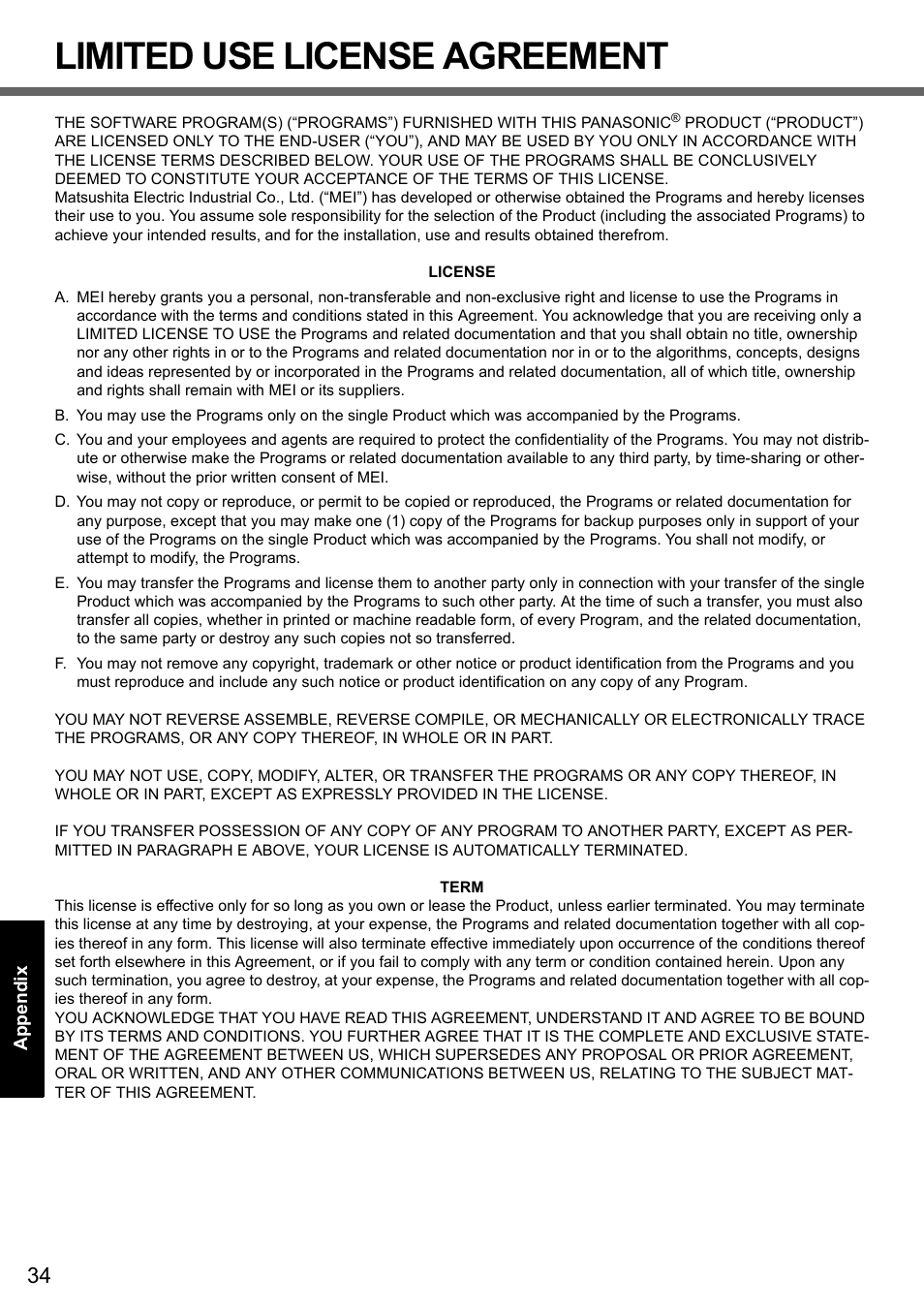 Limited use license agreement | Panasonic CF-T7 User Manual | Page 34 / 40