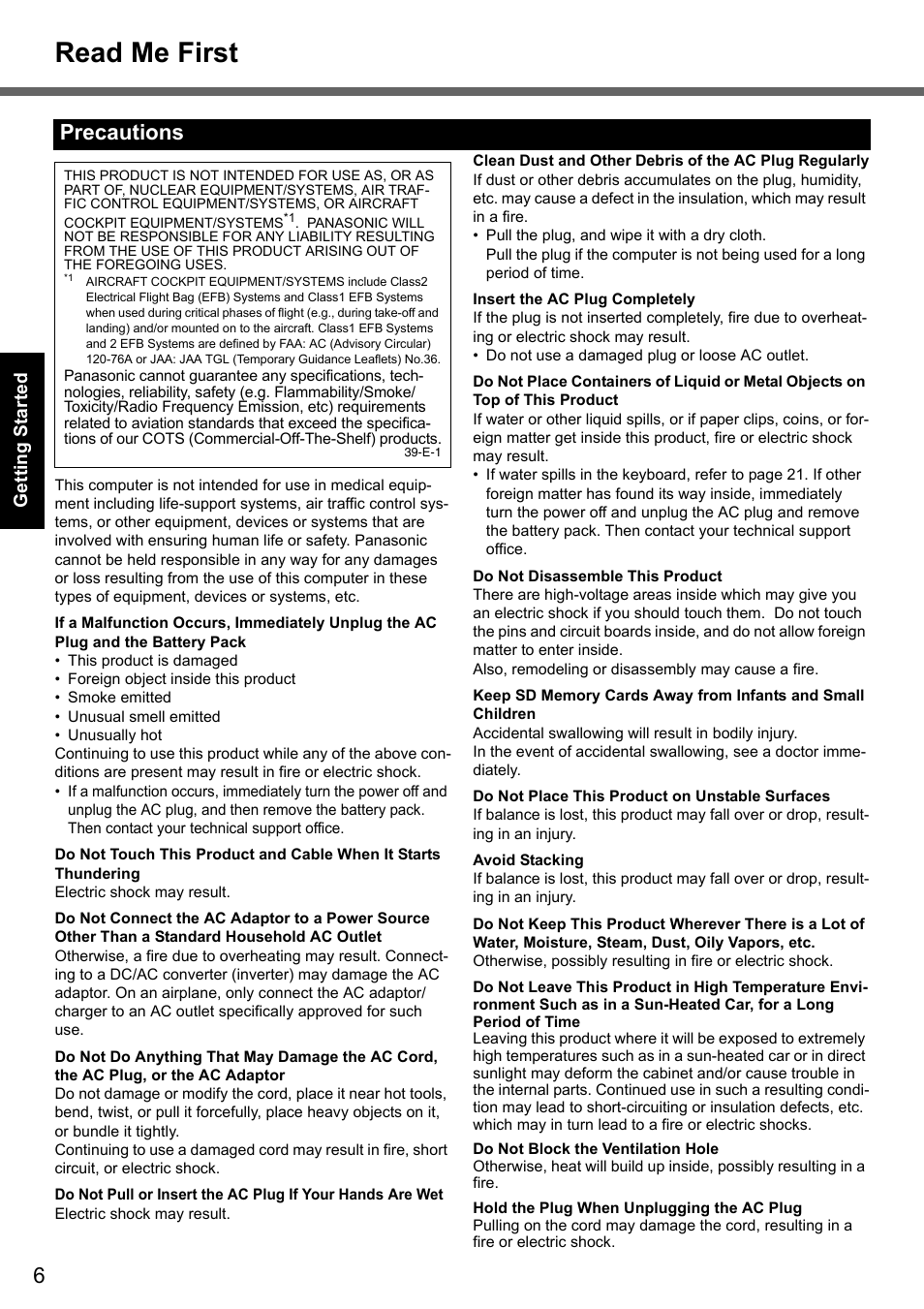 Read me first, Precautions | Panasonic CF-T7 User Manual | Page 6 / 40
