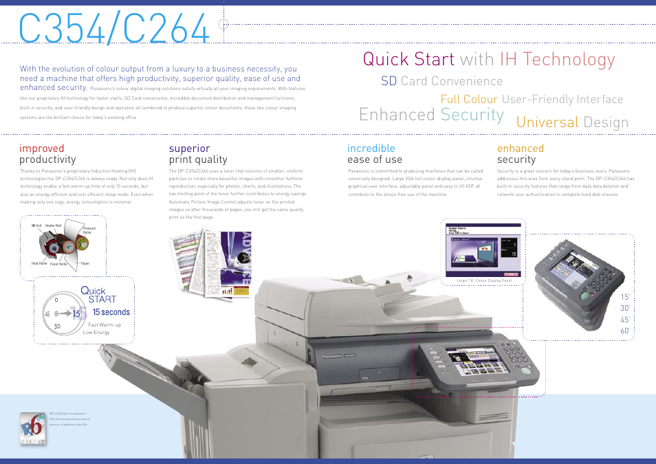 Quick start with ih technology, Enhanced security, Universal design | Sd card convenience, Full colour user-friendly interface | Panasonic DP-C264 User Manual | Page 2 / 4
