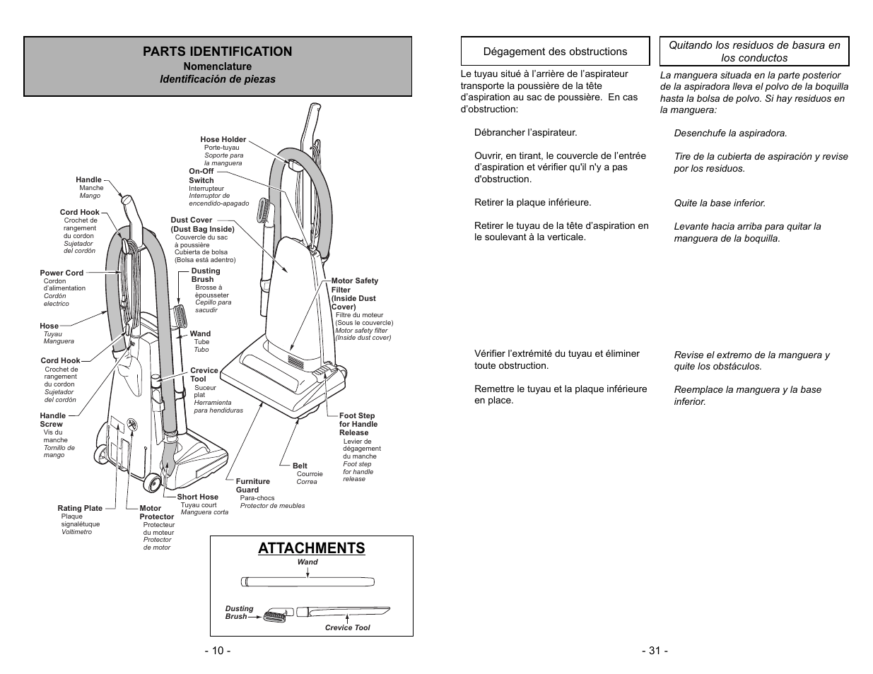 Parts identification, Identificacion de piezas, Attachments | Panasonic MC-V5003 User Manual | Page 10 / 40