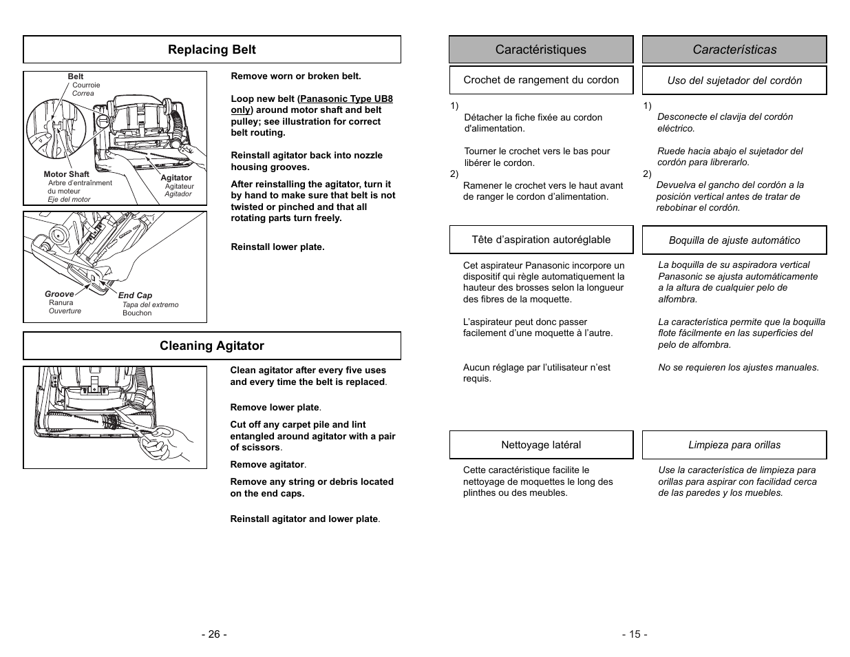 Caracteristiques, Crochet de rangement du cordon, Tete d'aspiration autoreglable | Caracteristicas, Uso del sujetador del cordon, Boquilla de ajuste automatico, Limpieza para orillas, Cleaning agitator, Replacing belt, Características caractéristiques | Panasonic MC-V5003 User Manual | Page 15 / 40