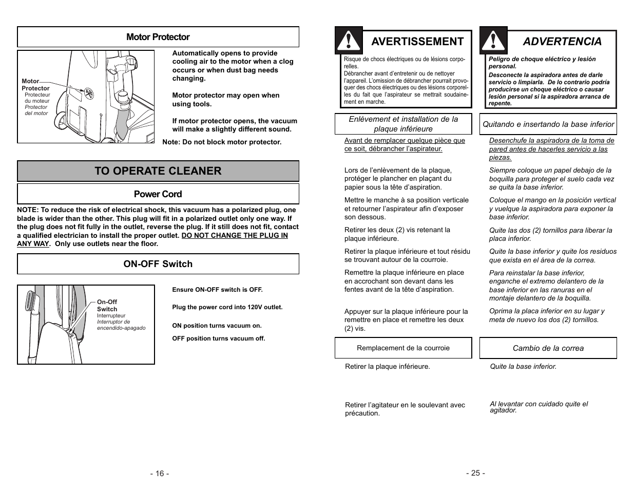 Motor protector, To operate cleaner, Power cord | On-off switch, Advertencia, Avertissement | Panasonic MC-V5003 User Manual | Page 16 / 40