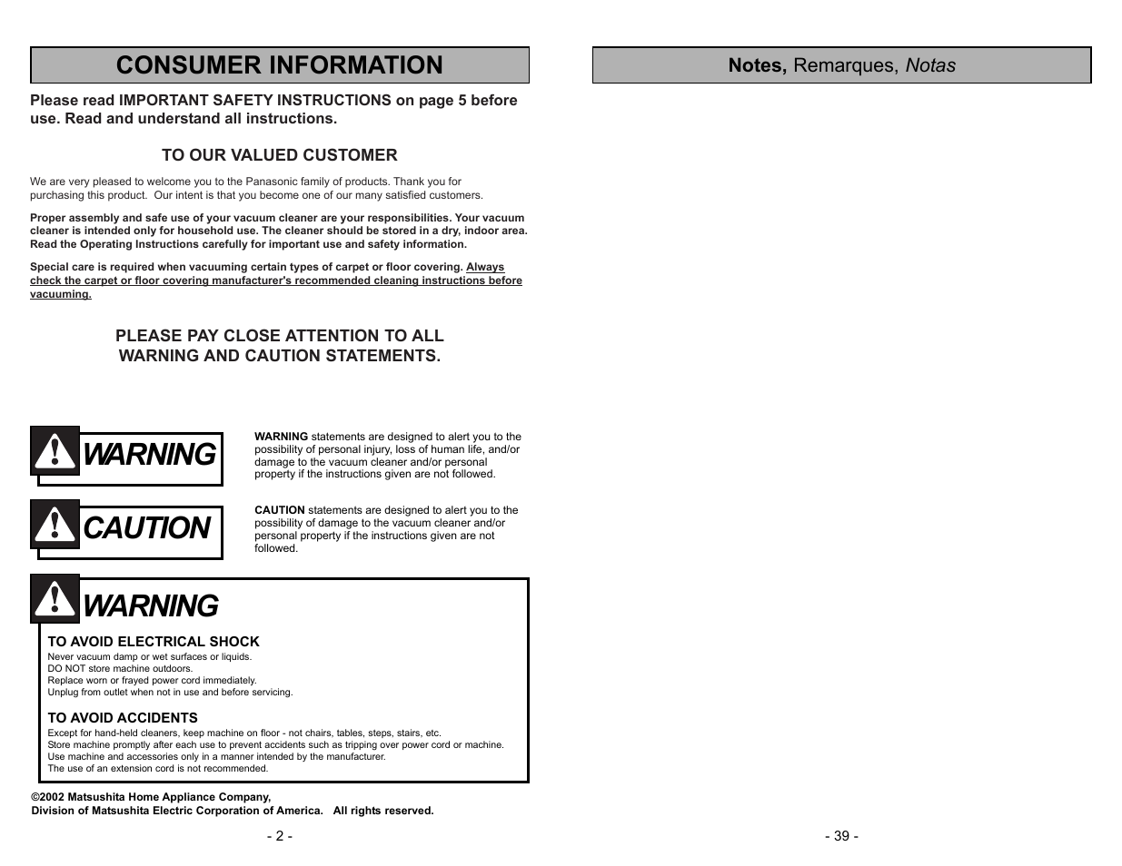 Consumer information, Warning, Caution | Panasonic MC-V5003 User Manual | Page 2 / 40