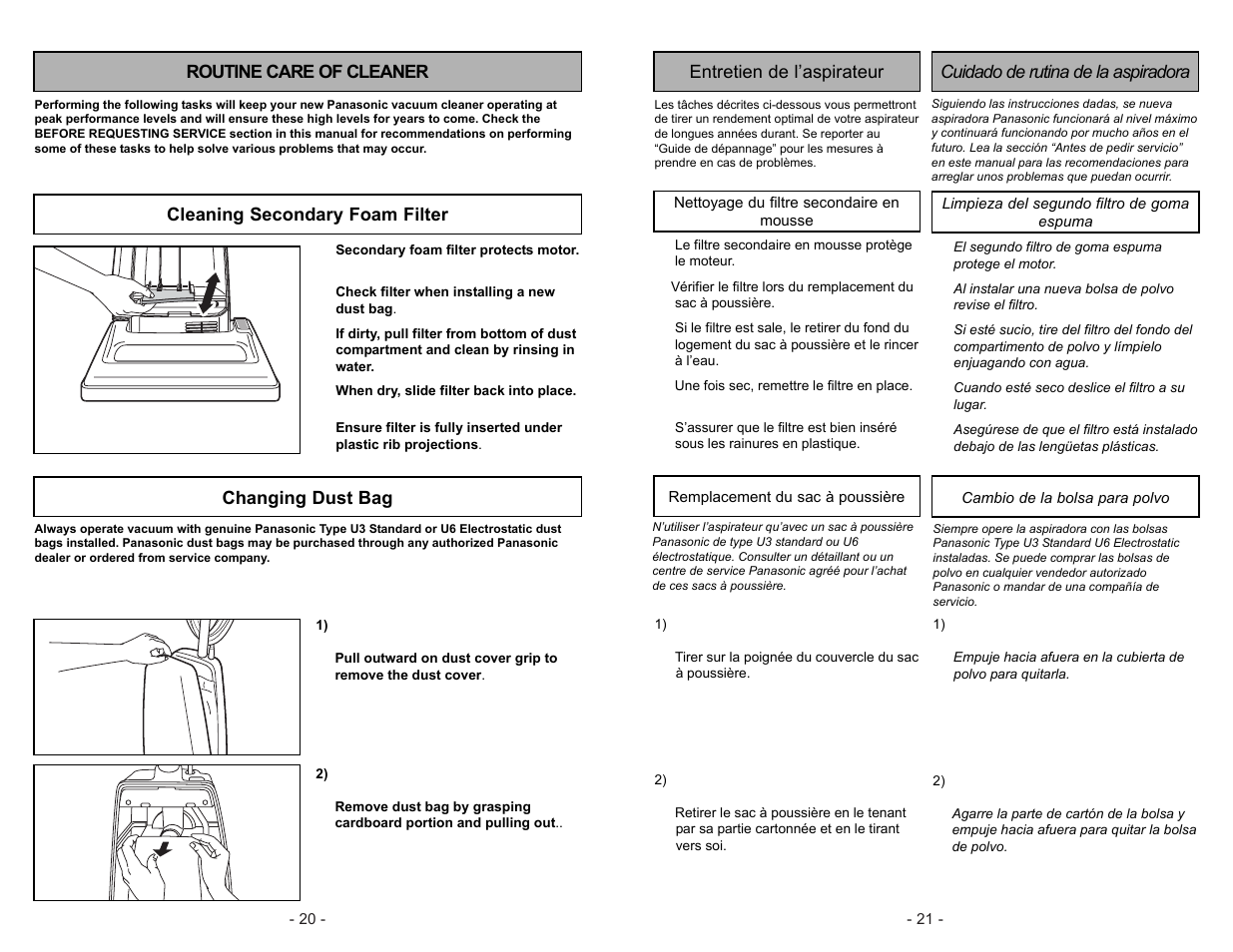 Routine care of cleaner, Cleaning secondary foam filter, Changing dust bag | Panasonic MC-V5003 User Manual | Page 20 / 40