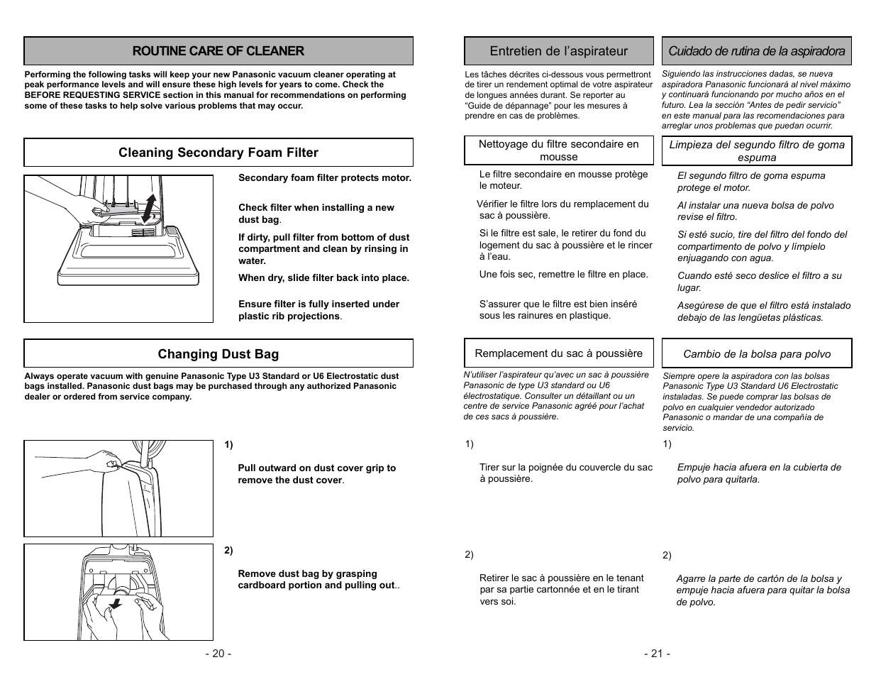 Entretien de l'aspirateur, Nettoyage du filtre secondaire en mousse, Remplacement du sac a poussiere | Cuidado de rutina de la aspiradora, Limpieza del segundo filtro de goma espuma, Cambio de la bolsa de polvo, Changing dust bag | Panasonic MC-V5003 User Manual | Page 21 / 40