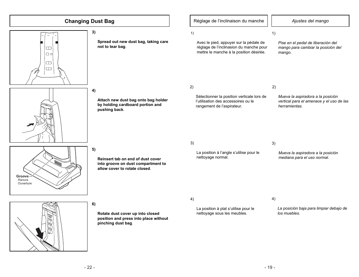 Changing dust bag | Panasonic MC-V5003 User Manual | Page 22 / 40