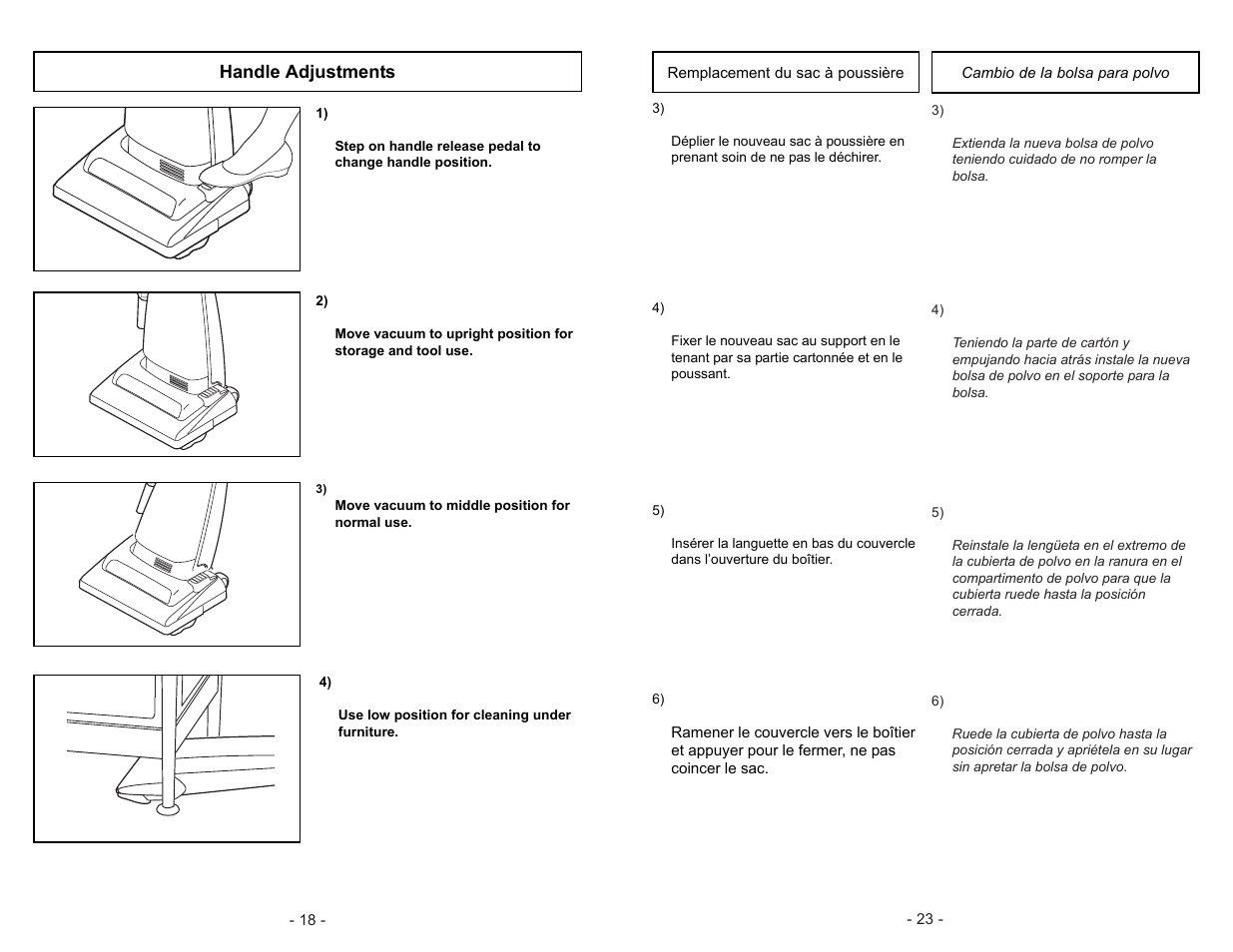 Handle adjustments | Panasonic MC-V5003 User Manual | Page 23 / 40