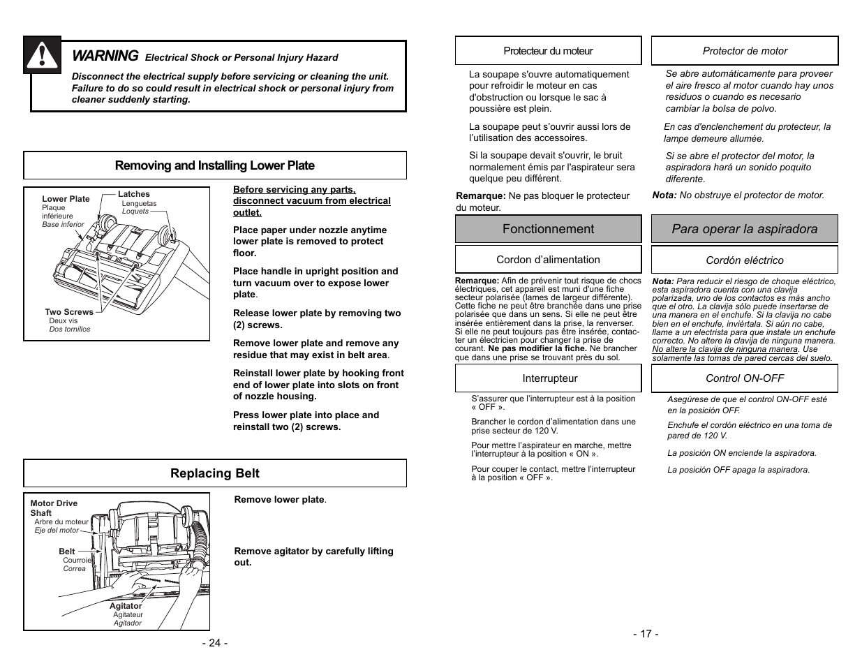 Removing and installing lower plate, Replacing belt, Warning | Para operar la aspiradora fonctionnement | Panasonic MC-V5003 User Manual | Page 24 / 40