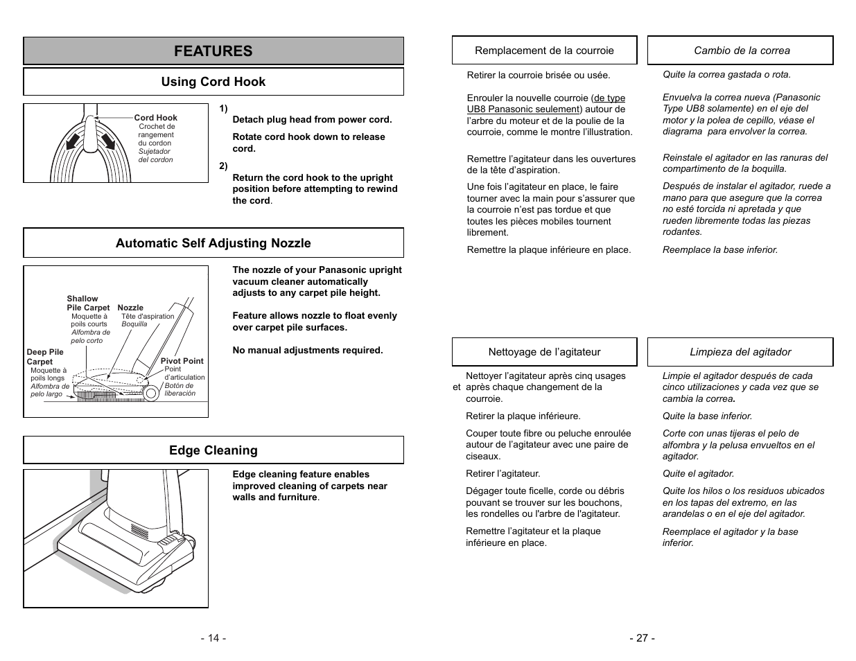 Nettoyage de l'agitateur, Limpieza del agitador, Features | Using cord hook, Automatic self adjusting nozzle, Edge cleaning | Panasonic MC-V5003 User Manual | Page 27 / 40