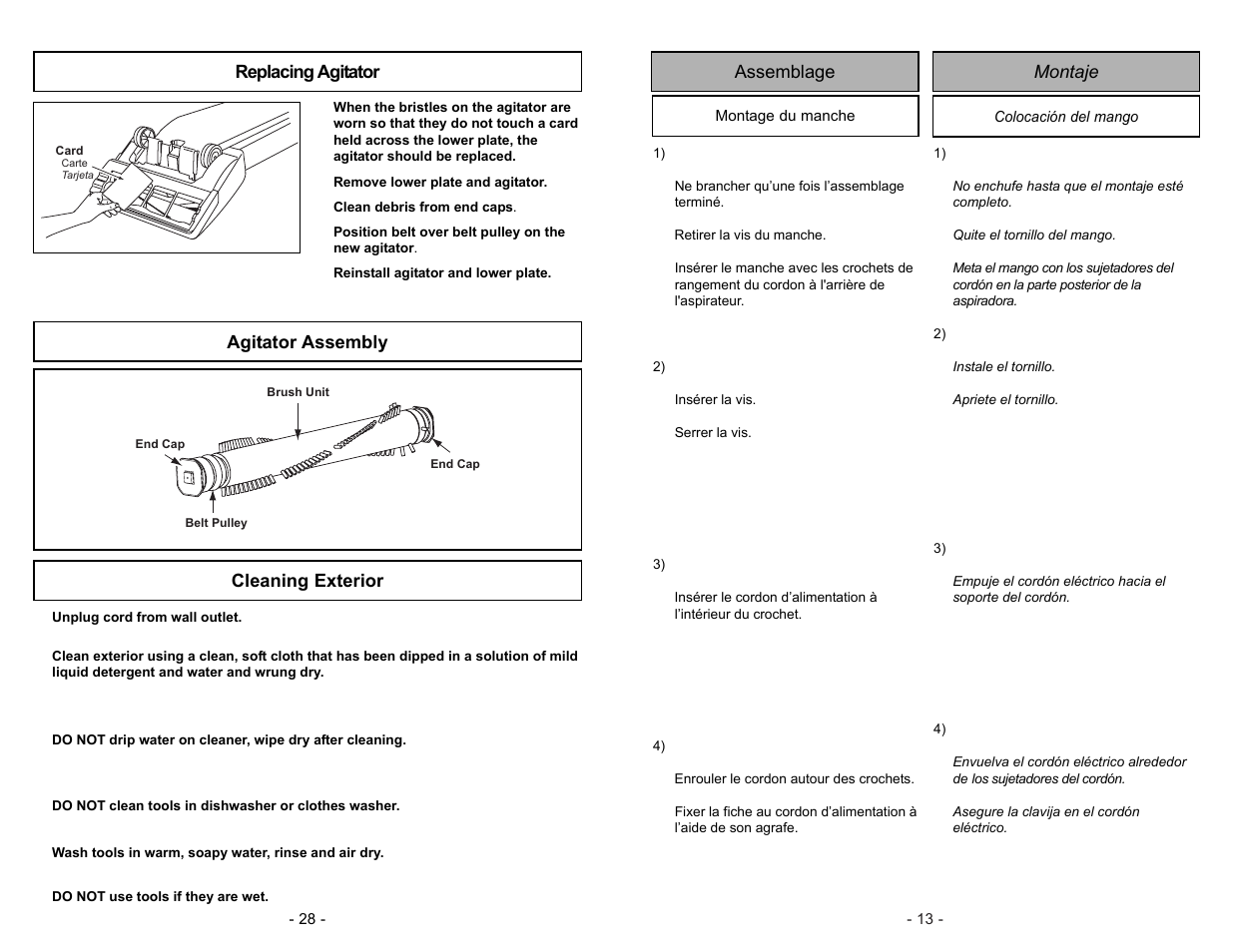 Replacing agitator, Cleaning exterior, Montaje assemblage | Panasonic MC-V5003 User Manual | Page 28 / 40