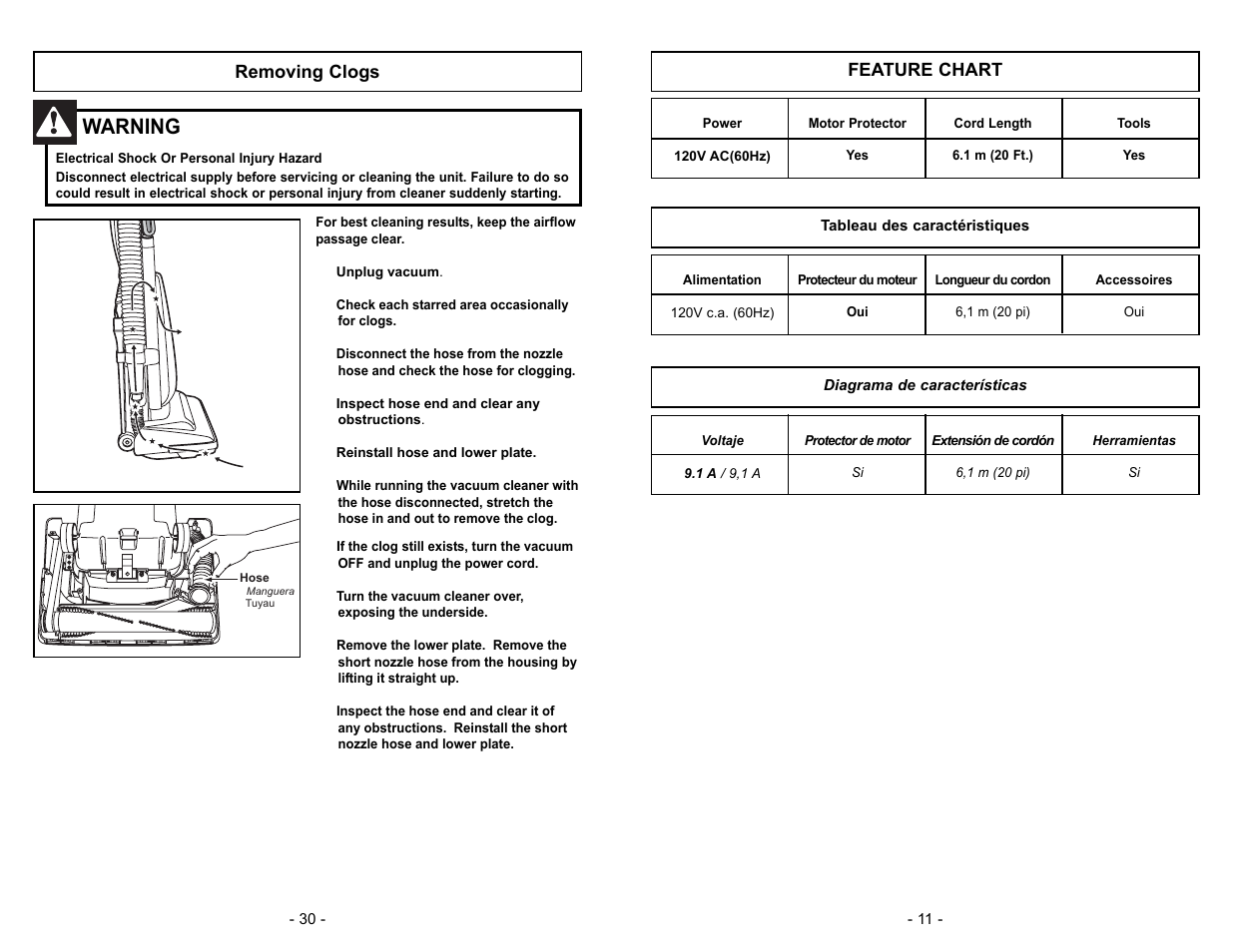 Removing clogs, Warning, Feature chart | Panasonic MC-V5003 User Manual | Page 30 / 40