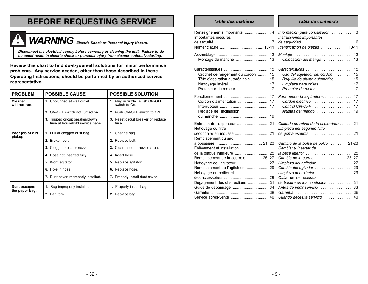 Before requesting service, Warning | Panasonic MC-V5003 User Manual | Page 32 / 40