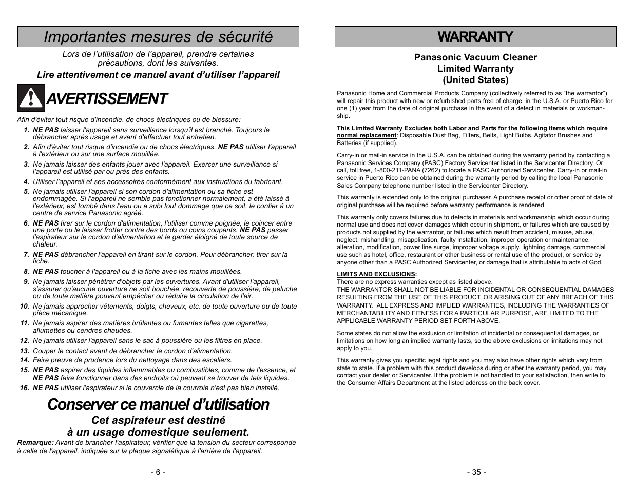 Warranty, Importantes mesures de sécurité, Avertissement | Conserver ce manuel d’utilisation | Panasonic MC-V5003 User Manual | Page 35 / 40