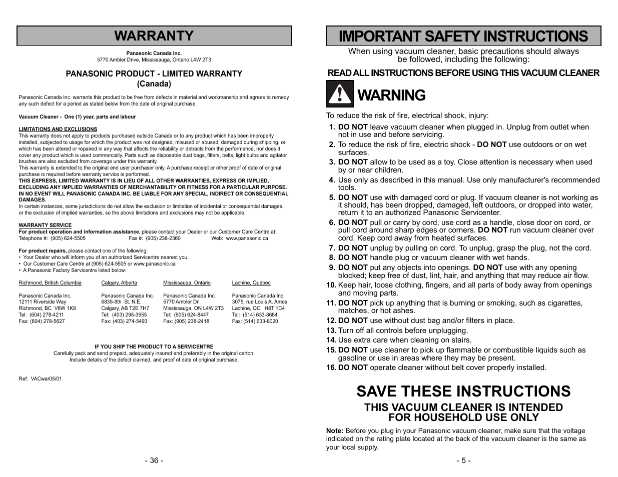 Warning, Save these instructions, Important safety instructions | Warranty | Panasonic MC-V5003 User Manual | Page 36 / 40