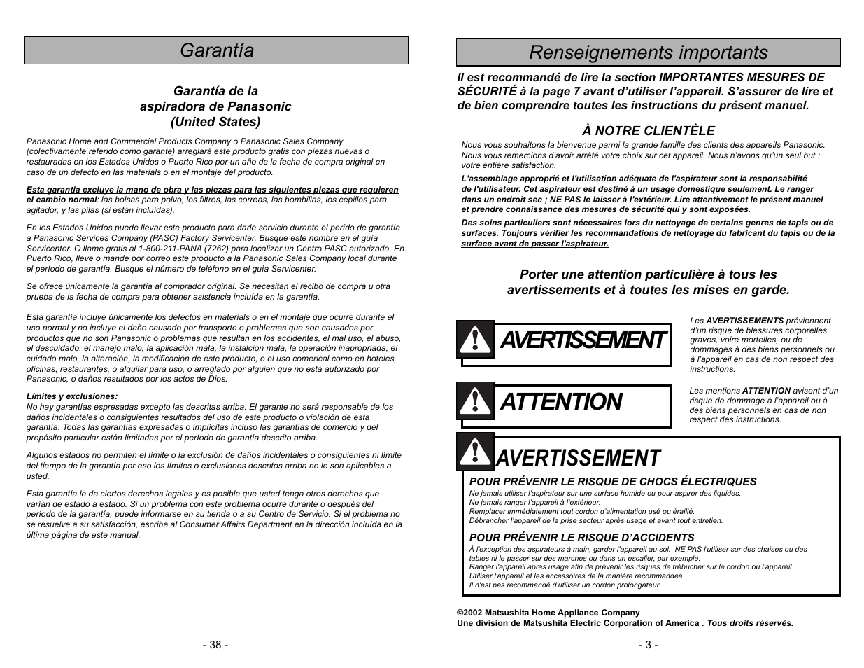 Garantia, Avertissement, Attention | Garantía, Renseignements importants | Panasonic MC-V5003 User Manual | Page 38 / 40