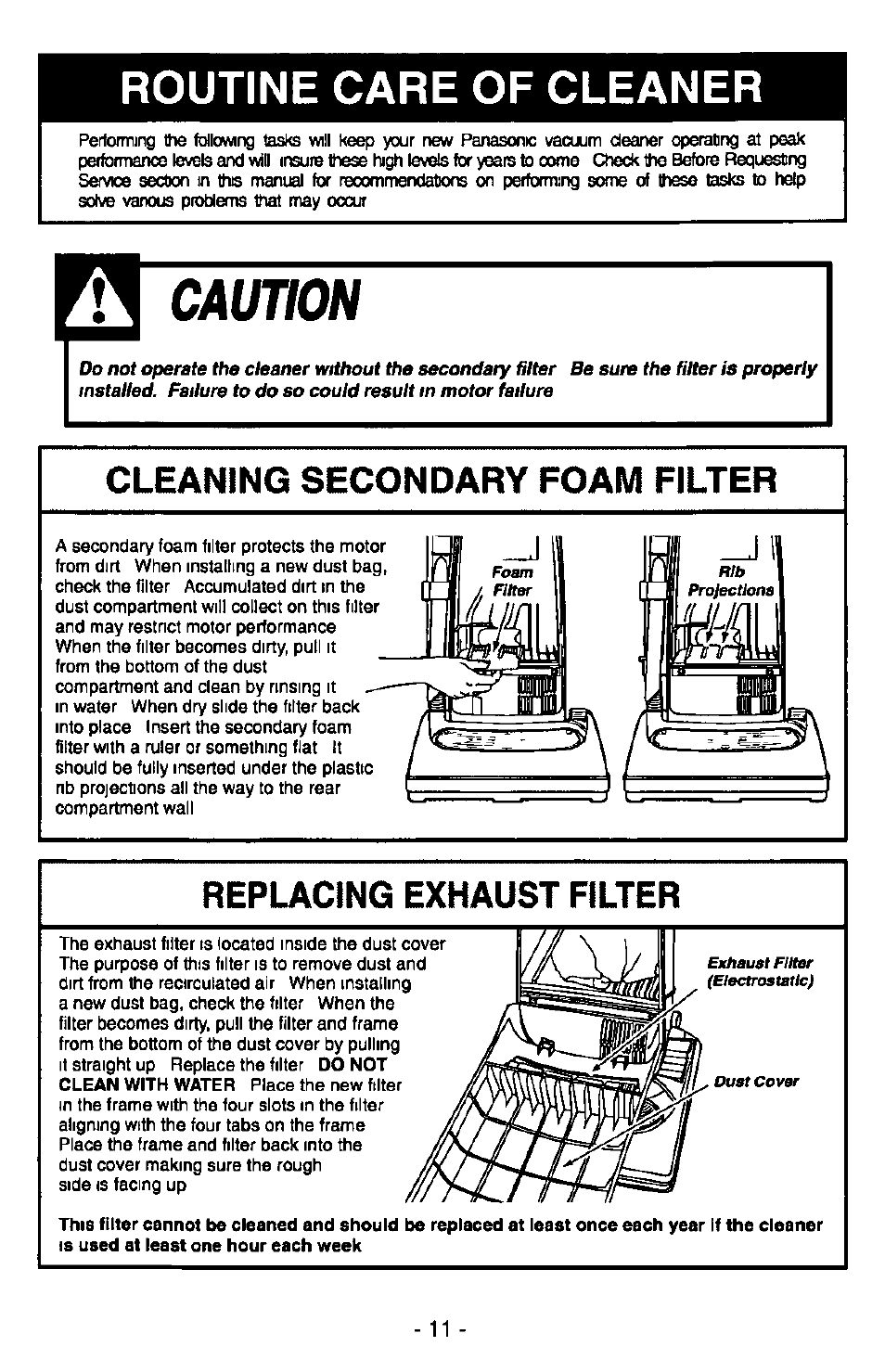 Caution, Cleaning secondary foam filter, Replacing exhaust filter | Routine care of cleaner | Panasonic MC-V6950 User Manual | Page 11 / 20