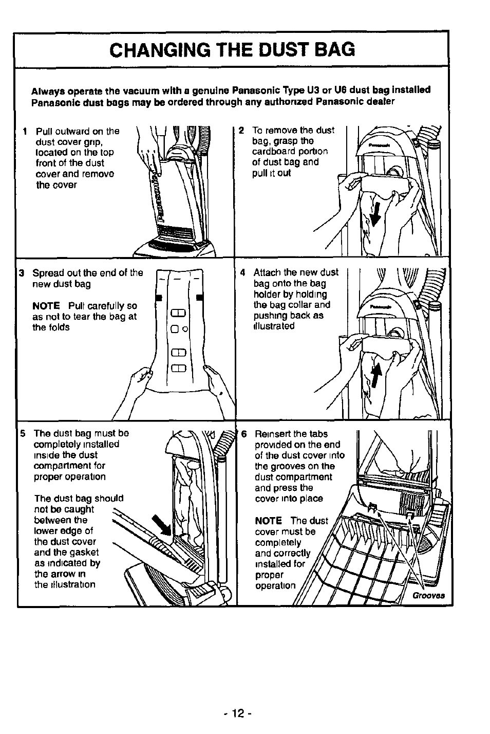 Changing the dust bag | Panasonic MC-V6950 User Manual | Page 12 / 20