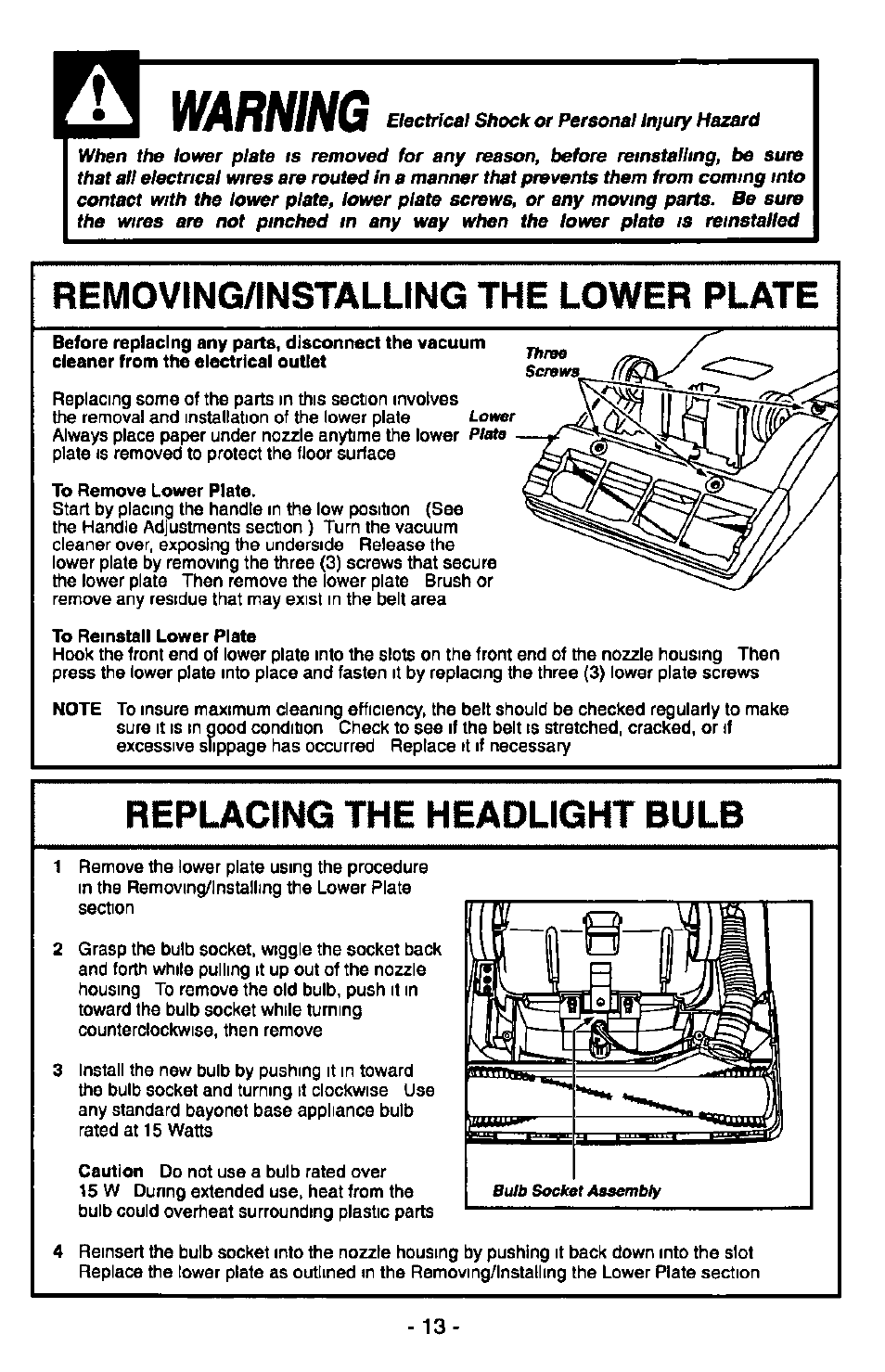 Removing/installing the lower plate, Removing/lnstalling the lower plate, Warning | Panasonic MC-V6950 User Manual | Page 13 / 20