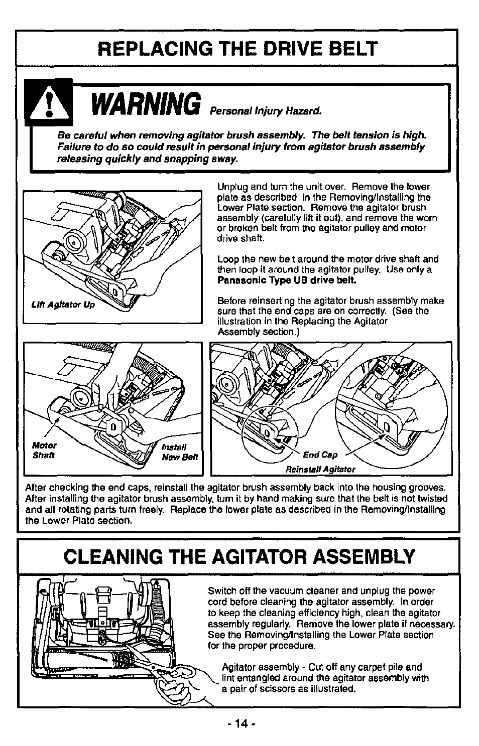 Replacing the drive belt, Warning, Cleaning the agitator assembly | Panasonic MC-V6950 User Manual | Page 14 / 20