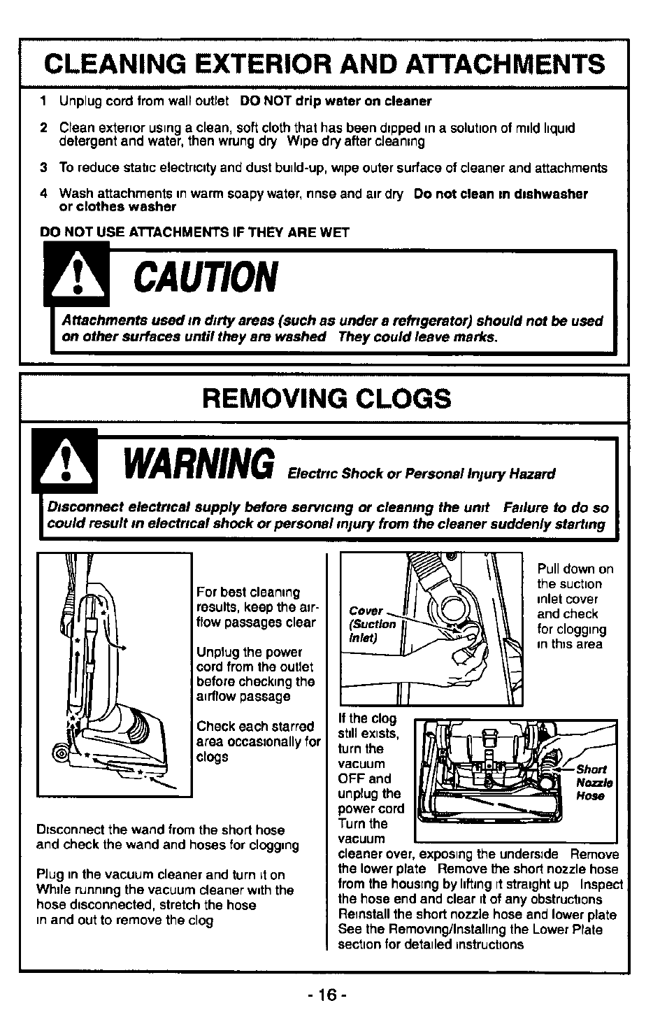 Cleaning exterior and attachments, Caution, Removing clogs | Warning | Panasonic MC-V6950 User Manual | Page 16 / 20