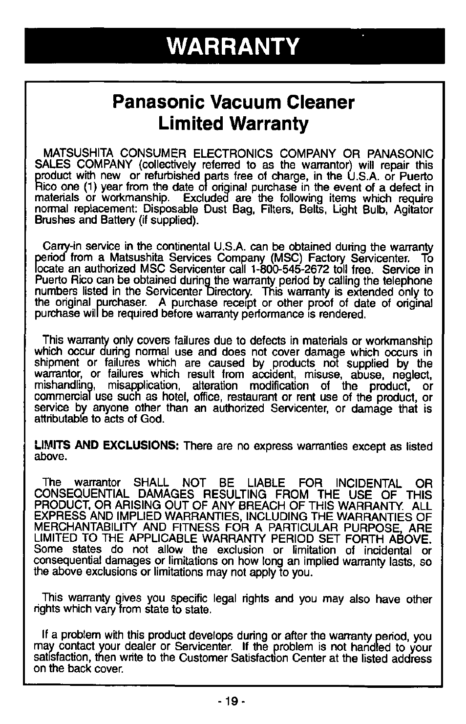 Panasonic vacuum cleaner limited warranty, Warranty | Panasonic MC-V6950 User Manual | Page 19 / 20