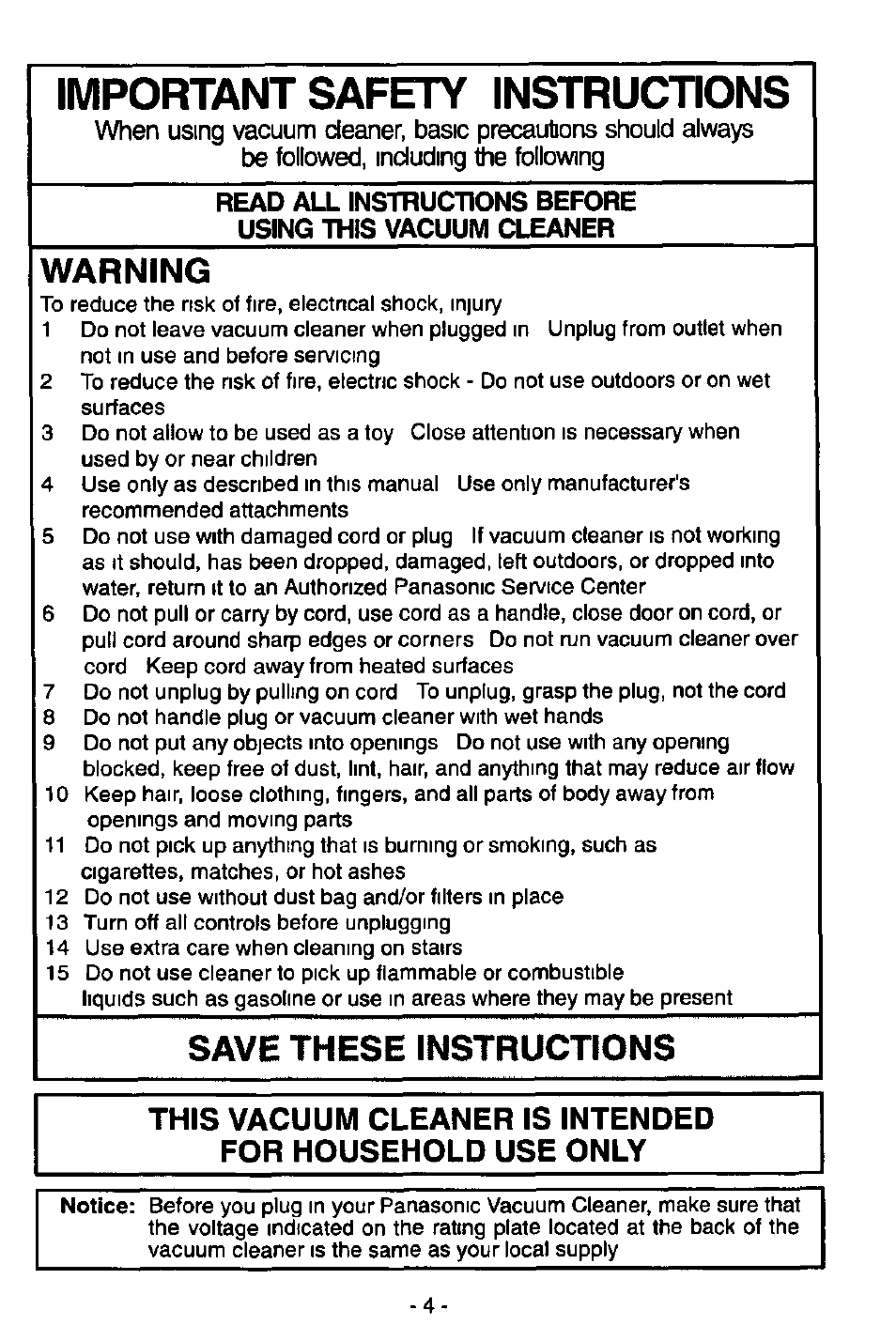 Warning, Save these instructions, Important safety instructions | Panasonic MC-V6950 User Manual | Page 4 / 20
