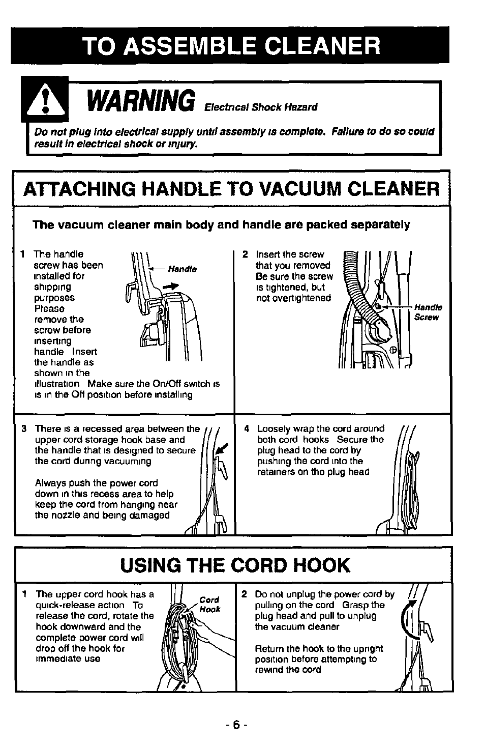 Attaching handle to vacuum cleaner, Using the cord hook, Warning | Panasonic MC-V6950 User Manual | Page 6 / 20