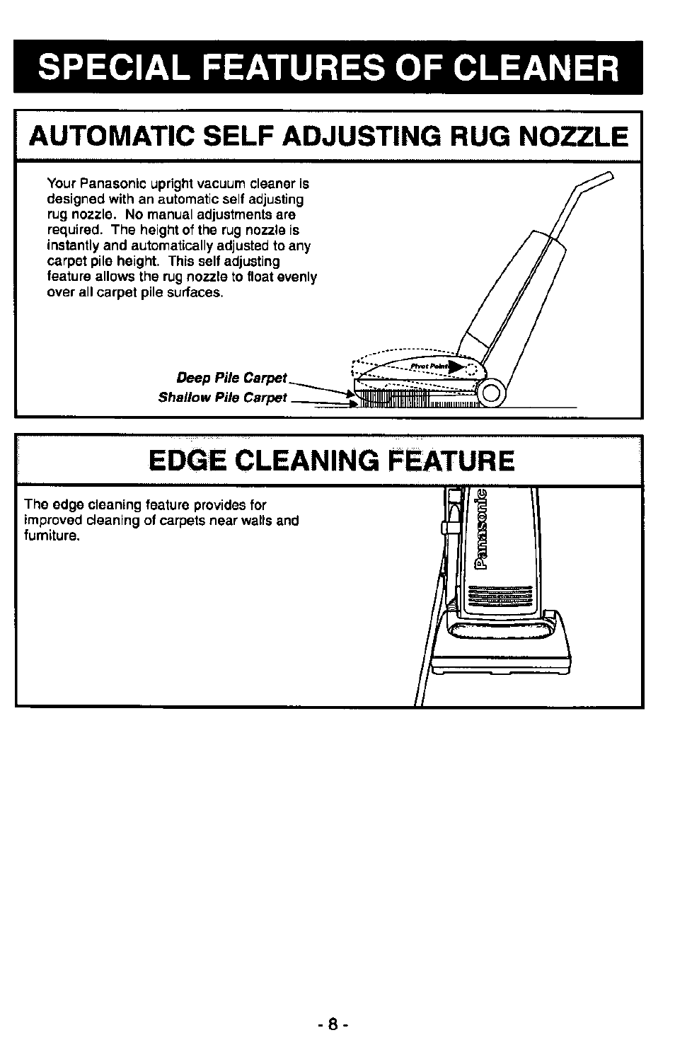 Automatic self adjusting rug nozzle, Edge cleaning feature, Special features of cleaner | Panasonic MC-V6950 User Manual | Page 8 / 20