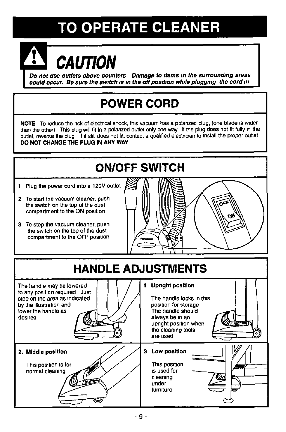 Caurm, Power cord, On/off switch | Handle adjustments | Panasonic MC-V6950 User Manual | Page 9 / 20