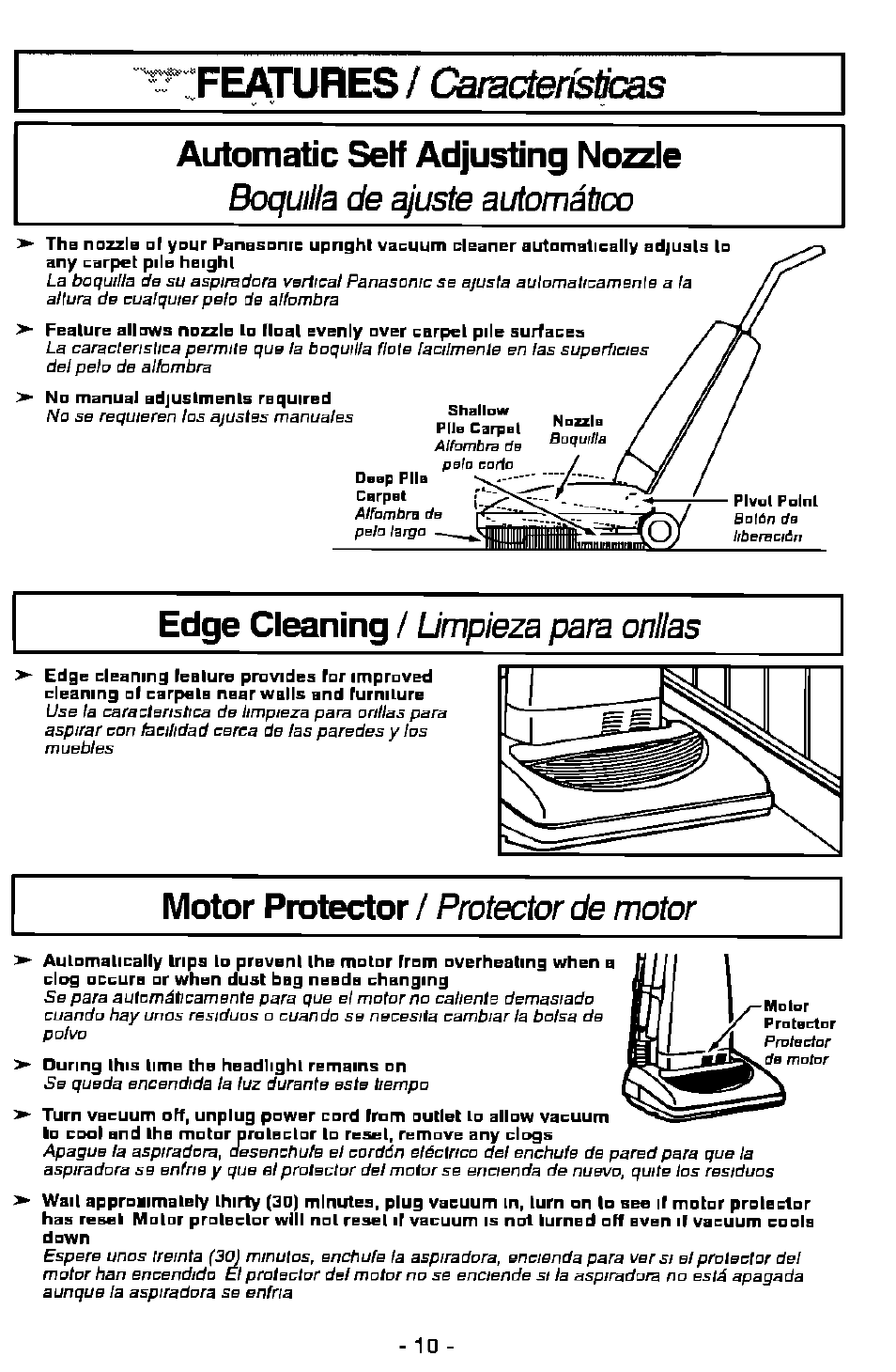 Automatic self adjusting nozzle, Canacteríslicas, Features | Boquilla de ajuste automátoo | Panasonic MC-V7358 User Manual | Page 10 / 24