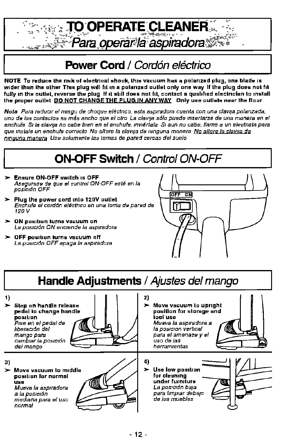 Handle adjustments / ajustes del mango, Handle adjustments, Ajustes del mango | Fe. то operate cleaner pam^opemwià aspimdom, Power cord, On-off switch, Cordón eléctrico, Control on-off | Panasonic MC-V7358 User Manual | Page 12 / 24